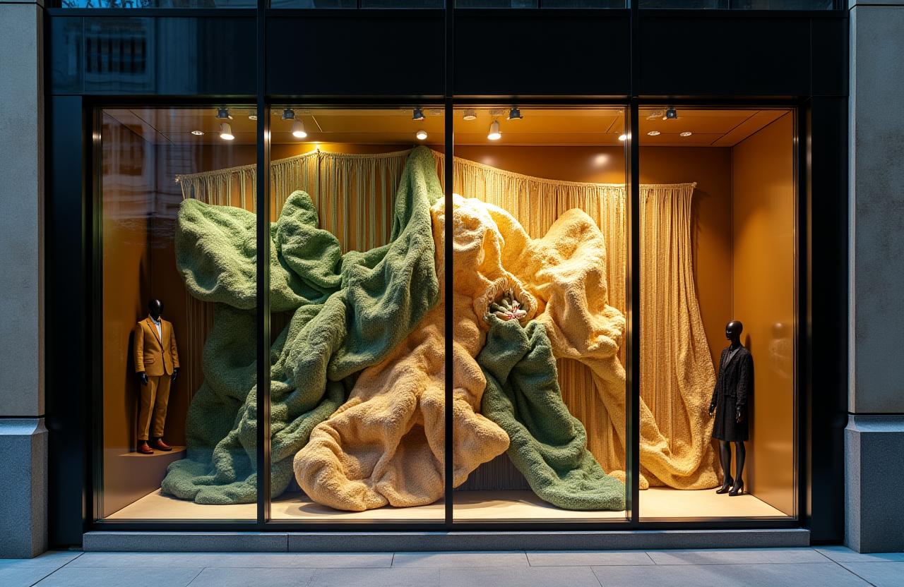 Installazione tessile in vetrina boutique